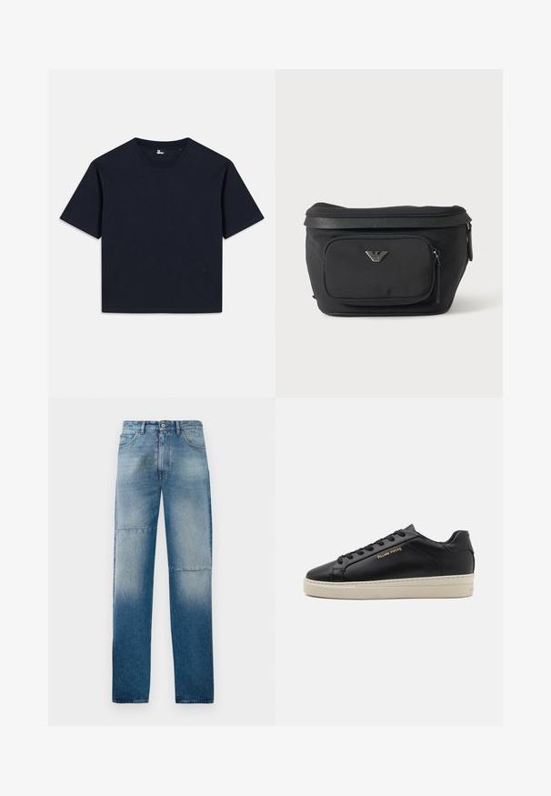 Navy blue short-sleeve t-shirt, made of cotton. Crew neck design with a straight hem and minimal branding at the bottom left corner.; Light blue denim jeans with straight leg design, faded wash, and two horizontal seams. Features five pockets and a button fastening.; Black leather sneaker with a smooth finish, contrasting cream sole, rounded toe, gold logo on the side, and six eyelets for laces.; Black waist bag with front zip pocket and silver eagle logo, smooth fabric with textured trim and zipper pulls.