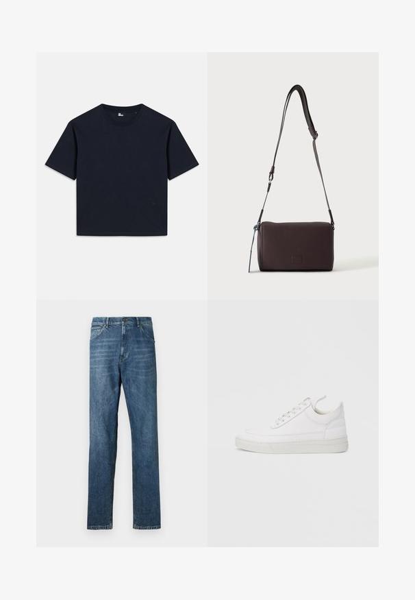 T-shirt à manches courtes bleu marine, en coton. Conception au col ras du cou avec une finition droite et un logo minimaliste en bas à gauche.; Jeans en denim bleu foncé, design à jambe droite, style à cinq poches, couture visible et fermeture à bouton classique. Effet de délavage léger sur le tissu.; Baskets en cuir blanc avec un embout arrondi, une semelle plate et un laçage à l'avant. Présentent des détails de couture et un col rembourré pour plus de confort.; Sac bandoulière en cuir marron foncé texturé avec une sangle réglable et un petit accent décoratif bleu sur le côté.