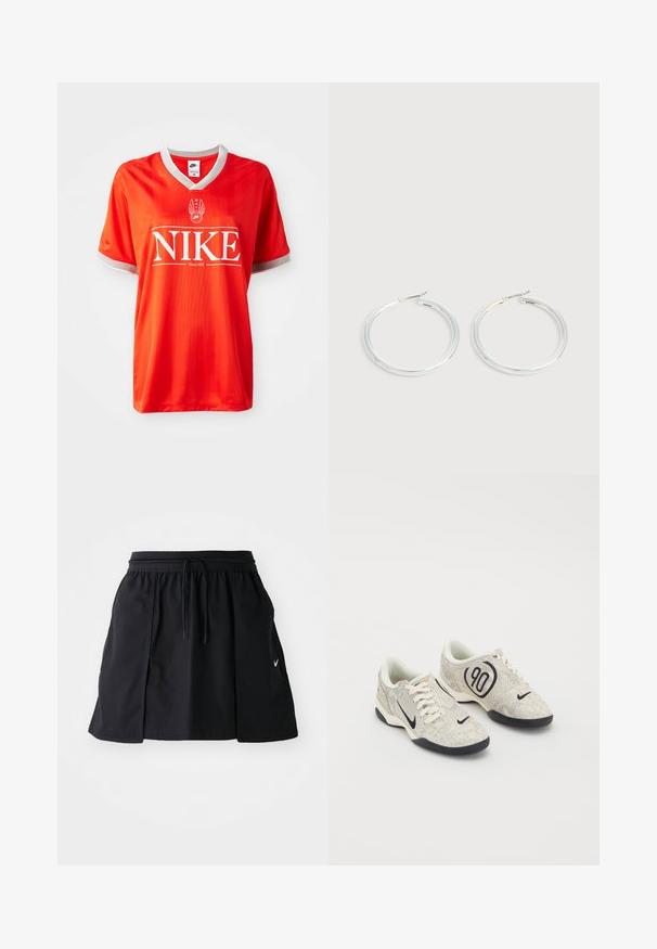 Červený dres Nike s výstrihom do V, šedým lemovaním na rukávoch a veľkým bielym logom "NIKE". Hladká, ľahká tkanina so jemným pruhovaným vzorom.; Čierna športová sukňa s elastickým pásom a nastaviteľnou šnúrkou. Obsahuje bočné rozparky, ľahkú látku a malú nášivku na leme.; Nike tenisky s béžovým a šedým štruktúrovaným zvrškom, čiernymi akcentmi, veľkým logom "90" a bielym šnurovaním. Čierna podrážka.; Pár lesklých strieborných kruhových náušníc s tenkými drôtenými zapínaniami, zobrazených na svetlo šedom pozadí.