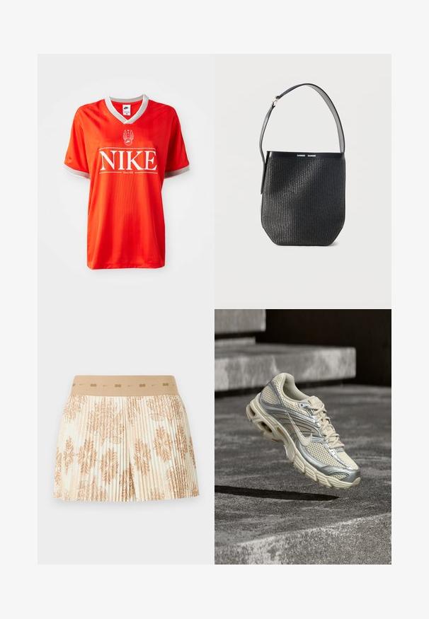 Rød Nike trøje med V-hals, grå pynt på ærmerne og stort hvidt "NIKE" logo. Glat, letvægtsstof med subtilt stribet mønster.; Beige plisseret nederdel med elastisk linning med små Nike-logoer, dekoreret med lysebrune tropiske blade og blomster.; Beige og sølv Nike løbesko med mesh og snøredetaljer, svævende over betontrin.; Sort vævet spandtaske med en enkelt justerbar skulderrem og en glat læderkant øverst, mærket "SAMSØE SAMSØE."