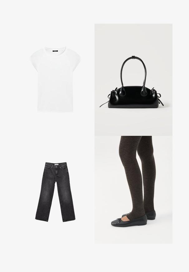 T-shirt blanc uni à manches courtes avec un col rond et des manches raglan, présenté sur un fond blanc.; Jean noir à jambes larges avec poches avant et arrière, fermeture par bouton et passants de ceinture, posé à plat sur fond blanc.; Jambes portant des leggings côtelés foncés associés à des ballerines noires avec de petits détails en nœud sur fond blanc.; Petit sac à main noir brillant avec deux longues anses et des détails à cordon sur les côtés sur un fond clair uni.