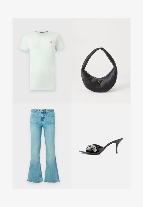 T-shirt blanc uni à manches courtes avec un petit logo triangulaire rouge Guess sur la poitrine gauche et un col rond.; Jeans évasés bleu clair en denim, avec une taille haute, cinq poches, une couture visible et une finition délavée.; Mule à talon haut en cuir verni noir avec bout ouvert et breloques argentées décoratives comprenant une fleur et un cadenas sur la bride avant.; Sac à main en satin noir avec une forme courbée, doté d'une fermeture à glissière et d'un logo triangulaire en métal à l'avant. Texture lisse et design épuré.