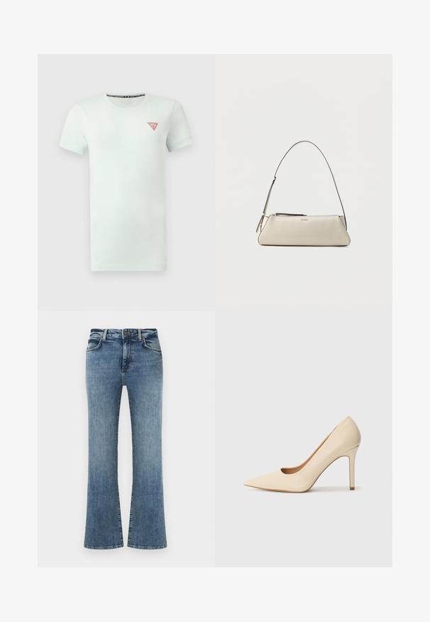 T-shirt blanc uni à manches courtes avec un petit logo triangulaire rouge Guess sur la poitrine gauche et un col rond.; Jean en denim bleu avec une taille haute, fermeture à boutons et zip, poches avant, et jambes légèrement évasées.; Escarpin en cuir beige à talon haut avec un bout pointu et un détail découpé sur le côté, possédant un talon stiletto fin pour le soutien.; Petit sac à épaule en cuir beige avec une fine bandoulière et une fermeture éclair, orné d'un logo métallique discret au centre avant.