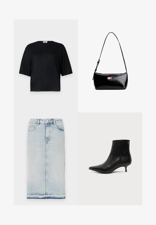 Sort kortærmet top lavet af glat stof med rund halsudskæring og en afslappet pasform. Har gennemsigtige, teksturerede paneler langs ærmerne.; Denim midi-sund i lys blå, med fem lommer, lige snit og afsluttet med en rå kant. Klassisk metalknap og lynlåslukning.; Sort læder ankelstøvle med spids tå og lav kitten hæl på lys baggrund, der viser yderside.; Sort patenteret læder skuldertaske med en buet rem, lynlåslukning og et rektangulært logo patch i rød, hvid og blå.