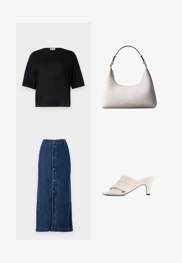 Schwarzes kurzärmliges Top aus glattem Stoff mit rundem Ausschnitt und lässiger Passform. Verfügt über transparente, strukturierte Einsätze entlang der Ärmel.; Dunkelblaue Denim-Maxiröcke mit einer Knopfleiste vorne und seitlichen Schlitzen, gerader Silhouette und gesticktem Saum.; Beige High-Heeled Mules mit verdrehtem Leder- Riemen-Design, offenen Zehen und geprägt logo Akzent. Die Ferse hat eine schwarze Spitze Detail.; Cremefarbene Calvin Klein Lederschultertasche mit gebogener Oberkante, silbernem Reißverschluss und dunkelbraunem verstellbarem Riemen.
