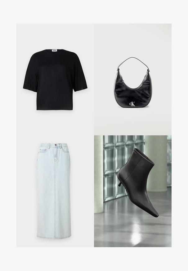 Sort kortærmet top lavet af glat stof med rund halsudskæring og en afslappet pasform. Har gennemsigtige, teksturerede paneler langs ærmerne.; Lyseblå denim maxi-nederdel med lige design, frontknaplukning og synlige syninger. Har to frontlommer.; Sort læderankelstøvle med spids tå og lille hæl vist mod en væg af glasblokke og poleret gulv baggrund.; Sort lædertaske i halvmåneform med kort strop og sølvfarvet "cK"-logo foran, lynlåslukning i toppen.