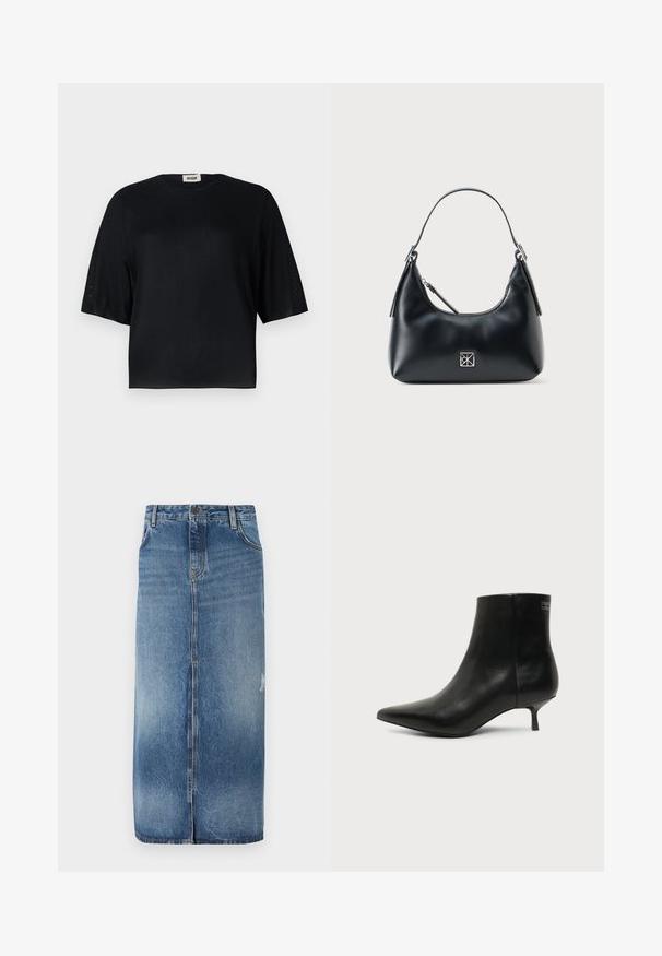 Sort kortærmet top lavet af glat stof med rund halsudskæring og en afslappet pasform. Har gennemsigtige, teksturerede paneler langs ærmerne.; Denim midi nederdel med en lys til mørkeblå gradient, frontlukning og subtile slidte detaljer nær sømmen. Råkant i bunden.; Sort læder ankelstøvle med spids tå og lav kitten hæl på lys baggrund, der viser yderside.; Sort læder skuldertaske med et enkelt håndtag, lynlåslukning og et lille kvadratisk sølvlogo på forsiden.