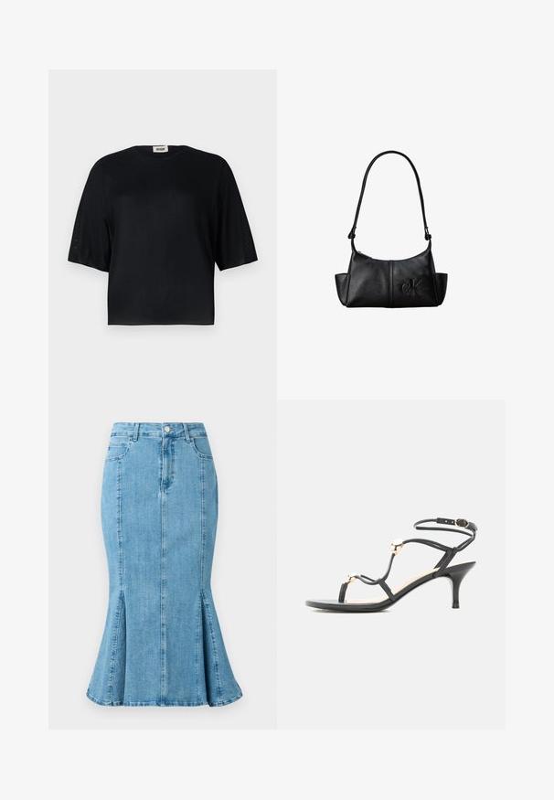 Sort kortærmet top lavet af glat stof med rund halsudskæring og en afslappet pasform. Har gennemsigtige, teksturerede paneler langs ærmerne.; Lyseblå denim blyantskirt med flared nederdel og slidser i siden, med en frontknaplukning og lommer. Enkel, ren design.; Sort midhæl sandal med stropper, guld accenter perler og ankelrem med spænde på hvid baggrund.; Sort læder skuldertaske med lang rem, sidelommer og præget Calvin Klein-logo på fronten.