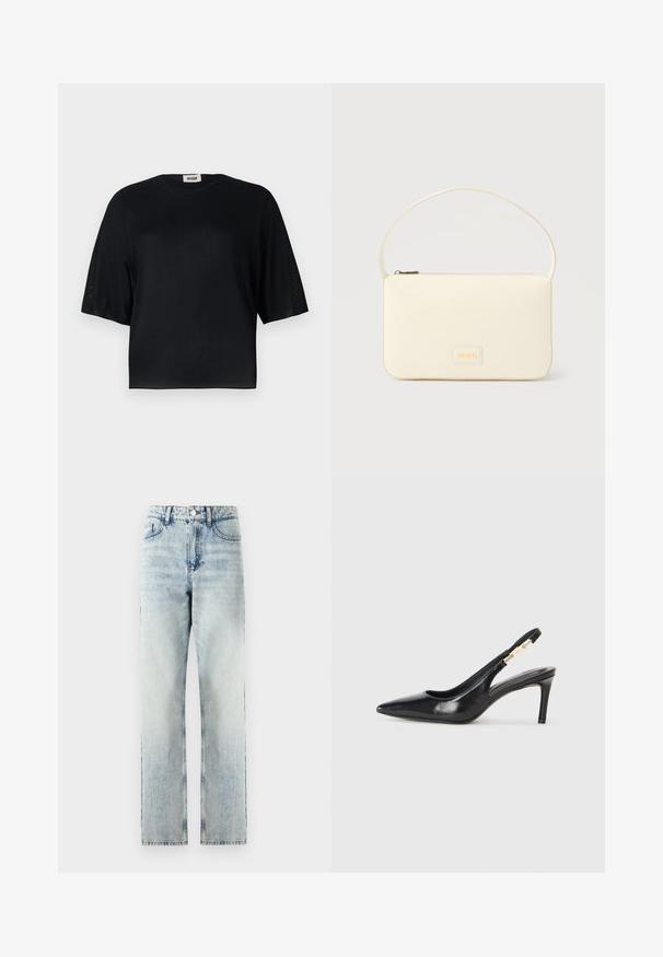 Sort kortærmet top lavet af glat stof med rund halsudskæring og en afslappet pasform. Har gennemsigtige, teksturerede paneler langs ærmerne.; Lyseblå højtaljede jeans i denim. Lige bendesign med subtil falming, fem lommer og lukning med metalknap.; Sort læder slingback højhælede sko med spidse tæer, glat overflade og en smal ankelrem med guldfarvede hardware detaljer.; Kremfarvet rektangulær håndtaske med en enkelt rem og lynlås øverst, med en lille præget logo-plakette foran.