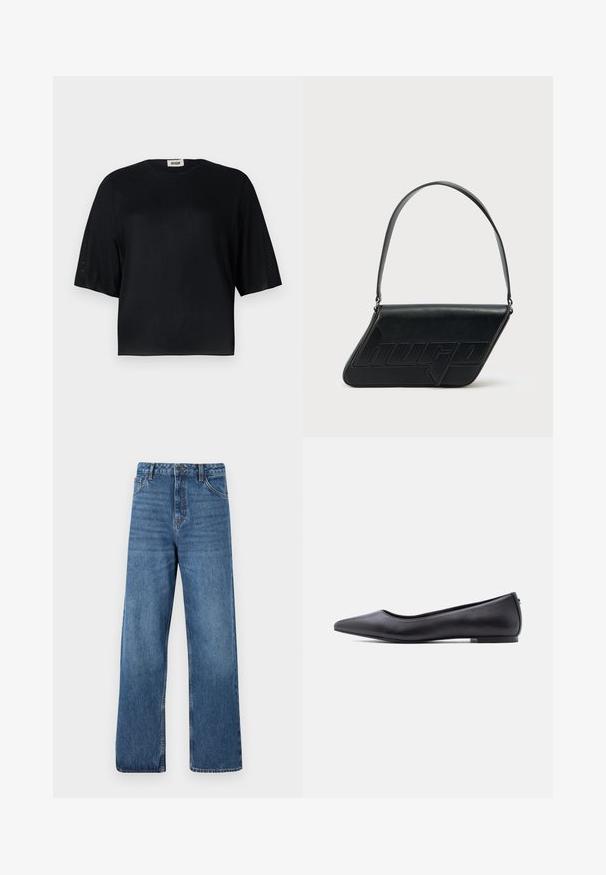 Schwarzes kurzärmliges Top aus glattem Stoff mit rundem Ausschnitt und lässiger Passform. Verfügt über transparente, strukturierte Einsätze entlang der Ärmel.; Hoch taillierte blaue Denim-Jeans mit weitem Bein, ausgestattet mit einer glatten Textur, minimalen Nähdetails und klassischem Fünf-Taschen-Stil.; Schwarzer flacher Lederschuh mit spitzer Kappe und niedrigem Absatz, seitlich vor weißem Hintergrund gezeigt.; Schwarze Leder-Umhängetasche mit dreieckiger Form, geprägt mit Logo und einem einzigen verstellbaren Riemen. Minimalistisches Design mit glatter Textur.