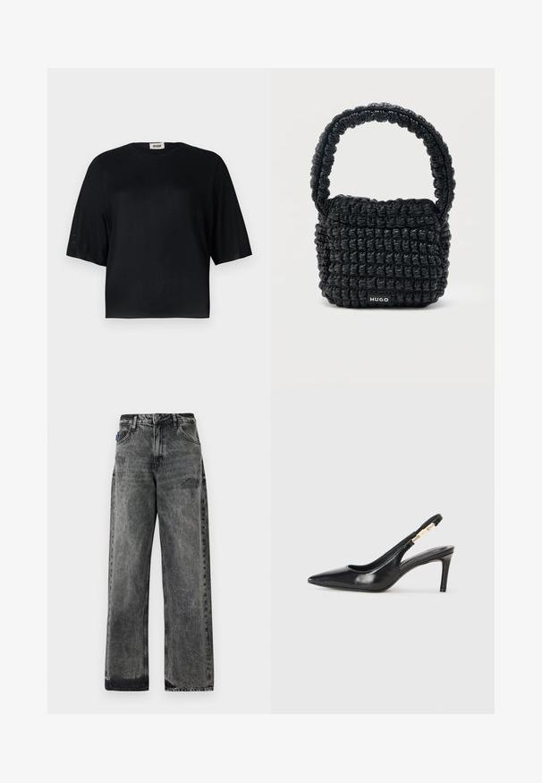 Sort kortærmet top lavet af glat stof med rund halsudskæring og en afslappet pasform. Har gennemsigtige, teksturerede paneler langs ærmerne.; Bredde ben sorte denimjeans med en falmet vask, slidte detaljer foran og standard fem-lomme design.; Sort læder slingback højhælede sko med spidse tæer, glat overflade og en smal ankelrem med guldfarvede hardware detaljer.; Lille sort quiltet håndtaske med kort polstret håndtag og "HUGO" mærke på forsiden, vist mod en ensfarvet lys baggrund.
