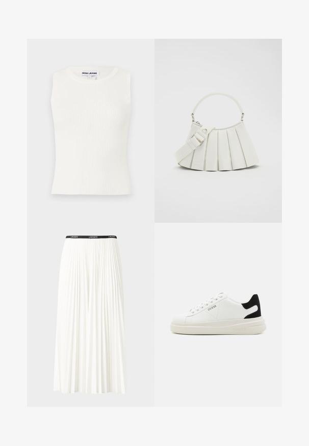 Hvid ærmeløs ribbet top med en rund halsudskæring, lavet af strækbart stof. Har et label med teksten "DKNY JEANS" ved kraven.; Plisseret hvid nederdel med en sort elastisk talje, der har "LACOSTE"-logoet. Mellemlang design med blød tekstur.; Hvide lædersneakers med en tyk hvid sål, sort ruskindhælvægt og prægede logoer på siden. Snørebåndsdesign med seks øjer.; Lacoste LENGLEN BAG - Håndtasker - cristalline