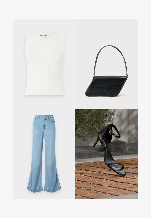 Biele bezrukávové rebrované tričko s okrúhlym výstrihom, vyrobené z elastického materiálu. Na golieri sa nachádza štítok s nápisom "DKNY JEANS".; Svetlomodré džínsy s širokými nohavicami, vysokým pásom a zapínaním na gombíky, s čistým povrchom a rozšírenými spodnými okrajmi so štrbinami na bokoch.; Čierna sandála na vysokom podpätku s remienkom okolo členka sa zdá byť zavesená nad drevenou dlažbou vonku s rozmazaným zeleným porastom a kamenným pozadím.; Čierna kožená taška cez rameno v trojuholníkovom tvare, s vyrazeným logom a jedným nastaviteľným pásikom. Minimalistický dizajn s hladkou textúrou.