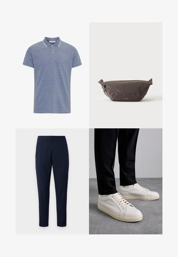 Lichtblauw polo shirt van textuurstof, met een gebuttonneerde kraag, contrasterende witte bies op de kraag en mouwen, en een klein logo.; Marineblauwe op maat gemaakte broeken van lichtgewicht stof, met een soepele textuur, slim fit en omslagzoom voor een nette afwerking.; Lichtbeige leren sneakers met platte veters, een gestructureerd oppervlak en een contrasterende crème-kleurige rubberen zool, gecombineerd met zwarte taps toelopende broek.; Donkerbruine stoffen heuptas met diagonale ritssluiting en klein wit logo aan de voorkant, tegen een effen lichte achtergrond.
