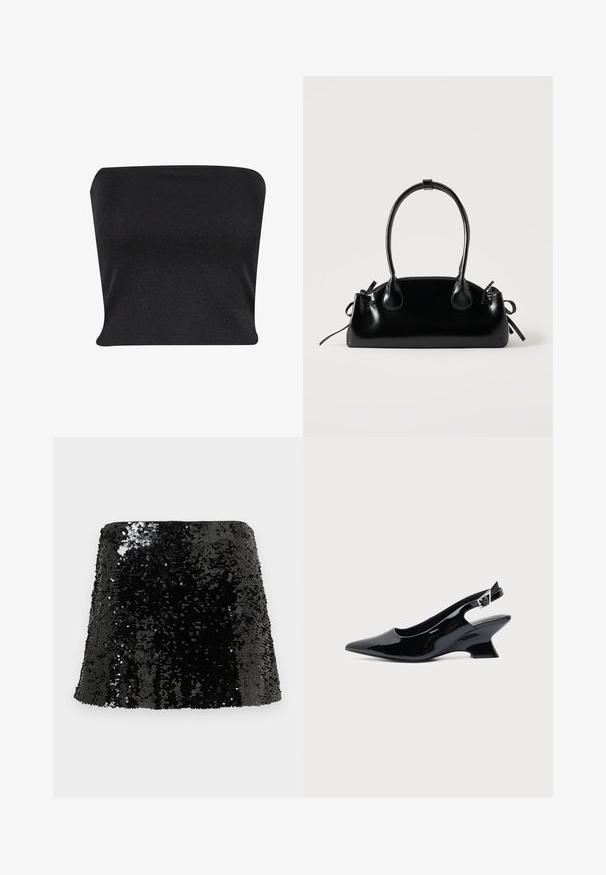 Μαύρο strapless τοπ φτιαγμένο από ένα λείο, λαμπερό ύφασμα. Διαθέτει εφαρμοστό σχέδιο χωρίς ραφές, προσφέροντας μια κομψή σιλουέτα.; Μαύρη μίνι φούστα με παγιέτες, στενή εφαρμογή, γυαλιστερή υφή και σχήμα σε γραμμή Α. Επιφάνεια καλυμμένη με αντανακλαστικές παγιέτες.; Μαύρο παπούτσι slingback από πατενταρισμένο δέρμα με μυτερή μύτη και χαμηλό κεκλιμένο τακούνι τύπου block σε απλό φωτεινό φόντο.; Μικρή μαύρη γυαλιστερή τσάντα με δύο μακριές λαβές και λεπτομέρειες με ρυθμιζόμενο κορδόνι στο πλάι σε απλό ανοιχτό φόντο.