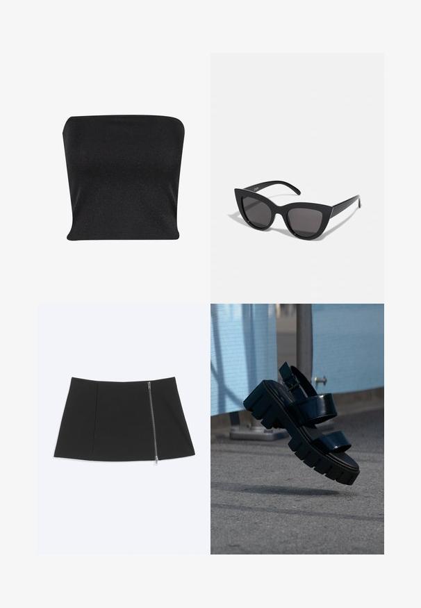 Zwarte strapless top gemaakt van een gladde, glanzende stof. Heeft een strakke pasvorm zonder naden, wat zorgt voor een slanke silhouette.; Zwarte minirok met een zilveren ritssluiting die diagonaal langs de rechterkant loopt, gladde stof, licht uitlopende zoom.; Zwarte chunky platform sandaal met twee banden en gesp, zwevend in de lucht boven grijze bestrating en een blauwe stoffen achtergrond.; Zwarte cat-eye zonnebril met een matte afwerking, voorzien van grijs getinte glazen, scherpe hoeken en slanke zijarmen. Merkennaam zichtbaar op de binnenarm.