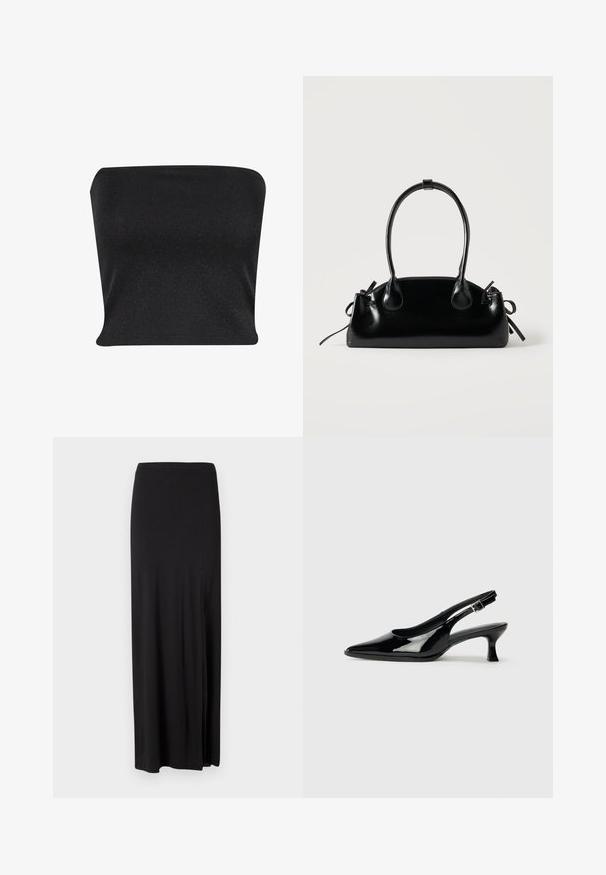 Zwarte strapless top gemaakt van een gladde, glanzende stof. Heeft een strakke pasvorm zonder naden, wat zorgt voor een slanke silhouette.; Zwarte maxi rok van zacht, rekbaar materiaal. Heeft een zijsplit en een eenvoudig, gestroomlijnd ontwerp zonder versieringen.; Zwarte lakleren slingback schoenen met een spitse neus en een lage blokhak. Verstelbare gespband bij de enkel.; Kleine zwarte glanzende handtas met twee lange hengsels en zijkant trekkoord details op een effen lichte achtergrond.