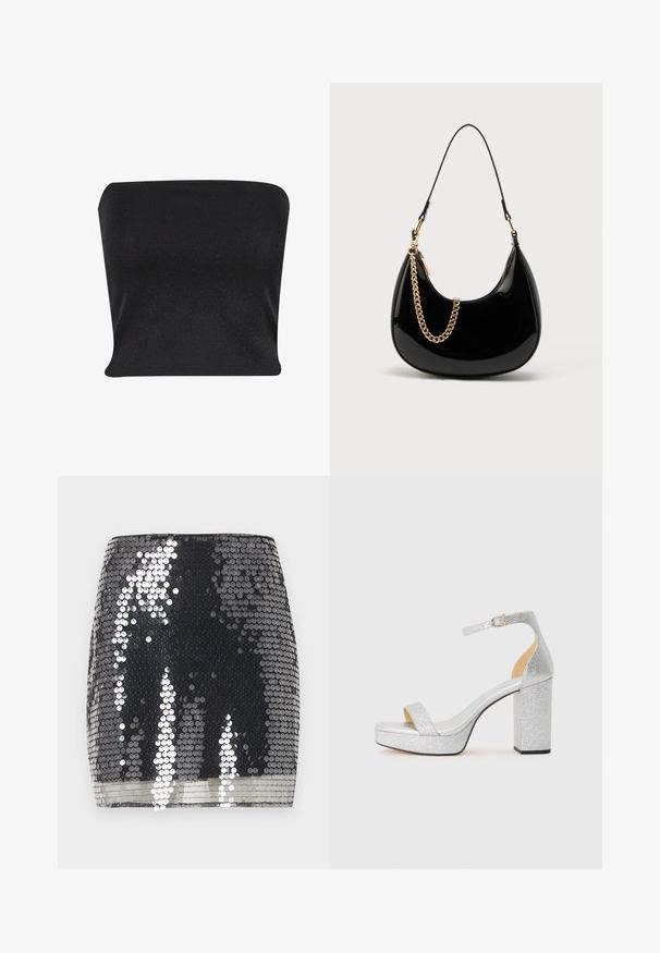Zwarte strapless top gemaakt van een gladde, glanzende stof. Heeft een strakke pasvorm zonder naden, wat zorgt voor een slanke silhouette.; Zwarte minirok bedekt met glanzende zilveren pailletten die licht weerspiegelen, met een gladde, aansluitende silhouet.; Zilveren glitter hoge sandaal met een brede blokhak, open teen en verstelbare enkelband. Glad interieur en gestructureerde buitenkant.; Zwarte handtas van lakleer met een gebogen vorm, dunne schouderriem en een gouden kettingdetail aan de voorkant. Gladde textuur, minimalistisch ontwerp.