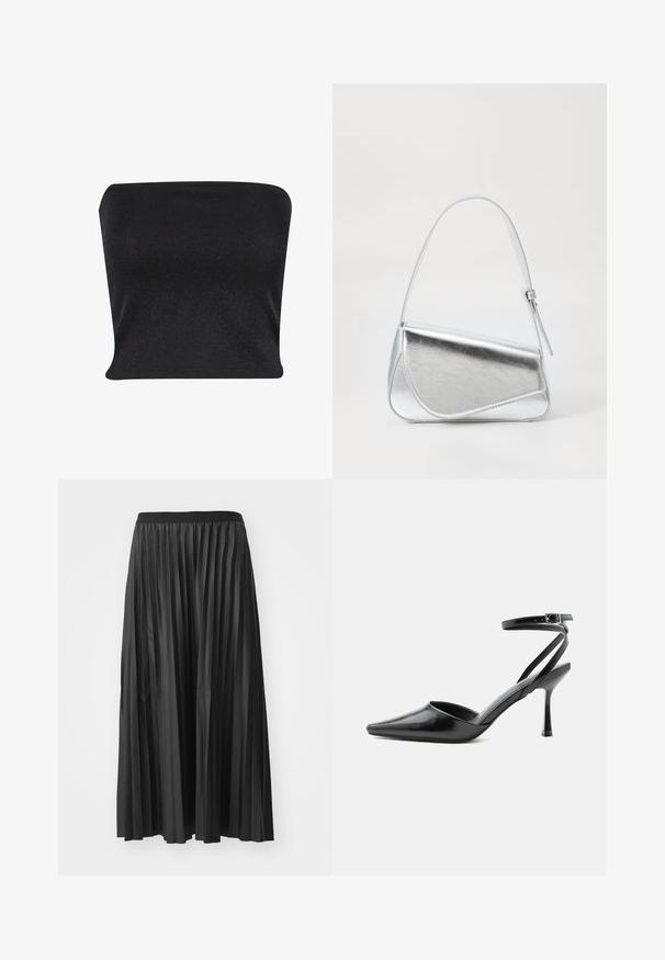 Zwarte strapless top gemaakt van een gladde, glanzende stof. Heeft een strakke pasvorm zonder naden, wat zorgt voor een slanke silhouette.; Zwarte geplisseerde maxi rok met een gladde textuur en een elastische tailleband, met verticale plooien die volume en beweging creëren.; Zwarte pumps met puntige neus, dunne enkelbandjes en een zilveren gesp op een effen lichte achtergrond.; Zilveren metalen handtas met een driehoekige vorm, gladde textuur en een dunne, verstelbare schouderriem. Kenmerkt zich door een omklapbaar ontwerp met stiksels.