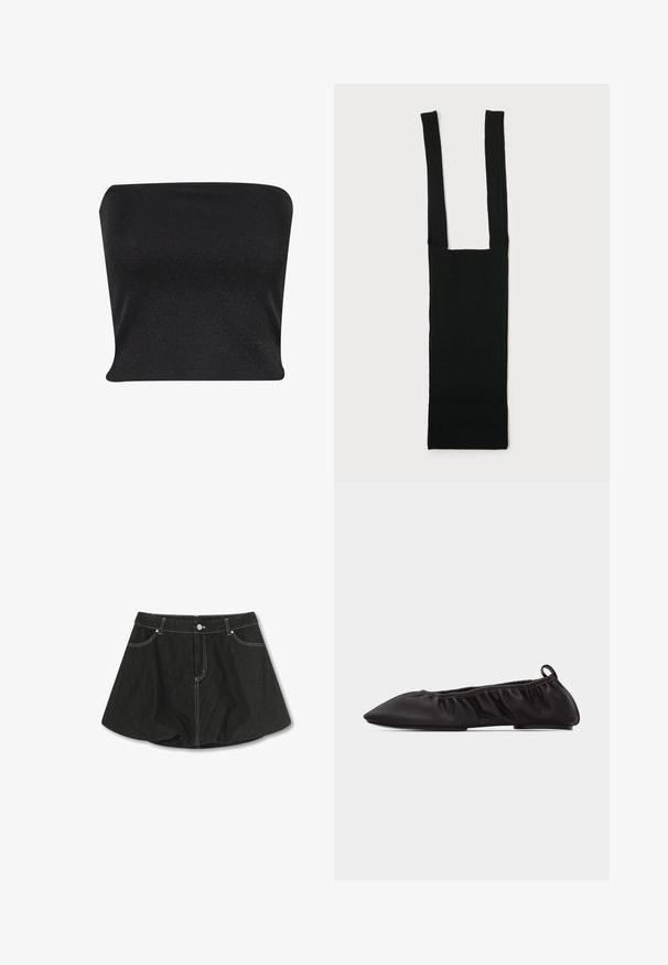 Zwarte strapless top gemaakt van een gladde, glanzende stof. Heeft een strakke pasvorm zonder naden, wat zorgt voor een slanke silhouette.; Zwarte denim bubbelrok met voorzakken, ceintuurlussen, knoopsluiting en zichtbare witte stiksels op een witte achtergrond.; Zwarte platte ballerina van zacht leer met een puntige neus, geplooide elastische zijkanten en een trekkoordje aan de hiel op een witte achtergrond.; Zwarte geribbelde breiselmouwloze top met brede vierkante halslijn en lange bandjes, plat gelegd op een witte achtergrond.