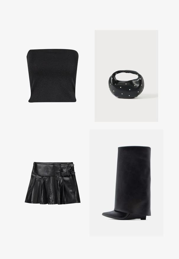 Zwarte strapless top gemaakt van een gladde, glanzende stof. Heeft een strakke pasvorm zonder naden, wat zorgt voor een slanke silhouette.; Zwart leren rok met plooien, brede tailleband en twee gespaccents aan de zijkant. Glad textuur met een glanzende afwerking.; Zwarte leren enkellaarzen met een hoge cilindervormige schacht, puntige neus en lage platte hak, met een gladde textuur en minimalistisch ontwerp.; Zwarte leren handtas met een afgeronde vorm, versierd met zilveren studs, en een korte handgreep. Gladde textuur en ritsluiting.
