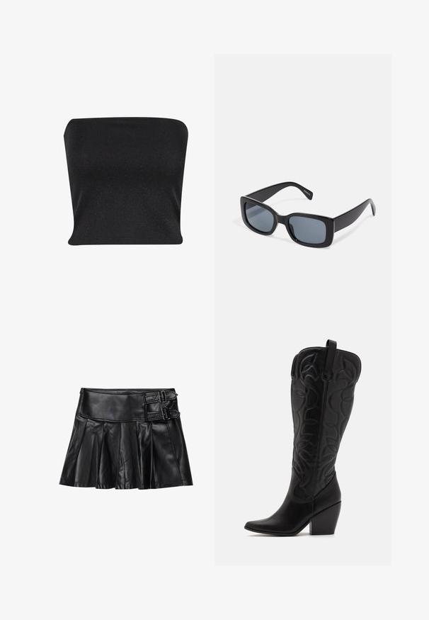 Zwarte strapless top gemaakt van een gladde, glanzende stof. Heeft een strakke pasvorm zonder naden, wat zorgt voor een slanke silhouette.; Zwart leren rok met plooien, brede tailleband en twee gespaccents aan de zijkant. Glad textuur met een glanzende afwerking.; Zwarte leren kniehoge laarzen met puntige neus en gestapelde hak. Voorzien van decoratief stiksel en gebogen designelementen.; Zwarte rechthoekige zonnebril met donkere getinte lenzen, een dik plastic montuur en brede scharnieren. Glad oppervlak en hoekig ontwerp.