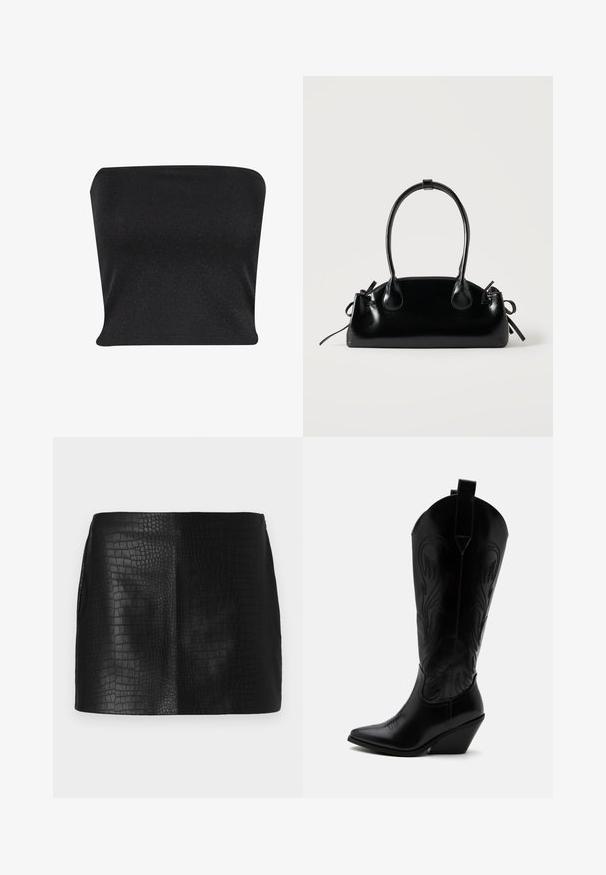 Top negro sin tirantes hecho de un material suave y brillante. Presenta un diseño ajustado sin costuras, ofreciendo una silueta elegante.; Mini falda de piel sintética negra con un patrón de cocodrilo texturizado, que presenta un acabado suave y una forma entallada sin herrajes visibles.; Bota de vaquero de cuero negro con punta puntiaguda, tacón bloqueado inclinado, costuras decorativas y lengüetas en la parte superior sobre fondo blanco.; Pequeño bolso negro brillante con dos asas largas y detalles de cordón lateral sobre un fondo claro liso.