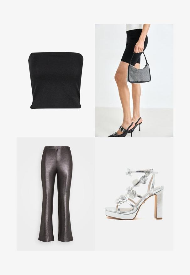 Zwarte strapless top gemaakt van een gladde, glanzende stof. Heeft een strakke pasvorm zonder naden, wat zorgt voor een slanke silhouette.; Even&Odd by Zalando Broek - black/silver; Zilverkleurige sandaal met hoge hak en plateauzool, enkelriempje, meerdere bloemenversieringen op de bandjes en een blokhak.; Zwarte beaded handtas met een gebogen silhouet, draaghandvat en glanzende textuur. Draagt bij hoge zwarte hakken en strakke zwarte shorts.