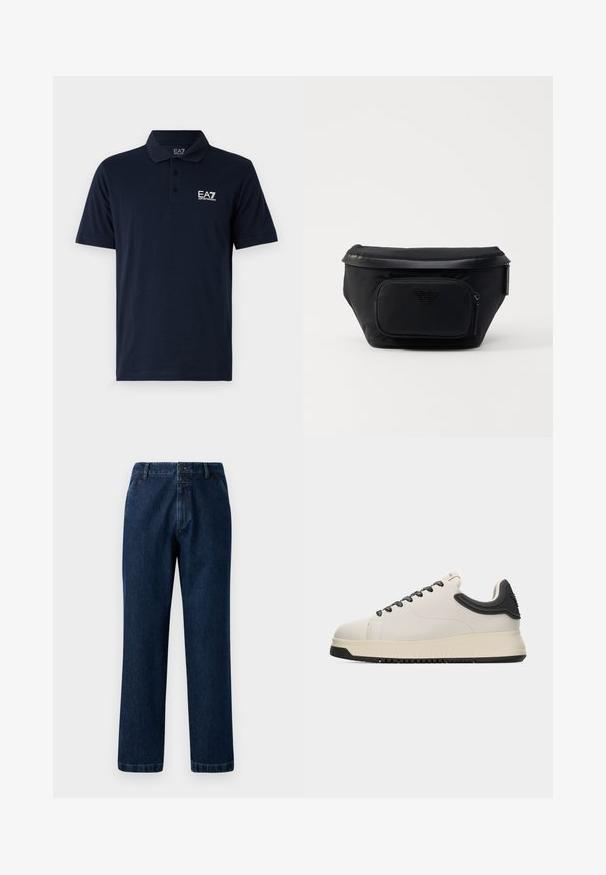 Mørkeblå polo-shirt lavet af bomuld, med krave, korte ærmer og et hvidt EA7-logo på venstre bryst. Klassisk pasform.; Mørkeblå denimjeans med lige ben-design, knaplukning og bæltestropper. Stoffet har en subtil tekstur og klassiske sy-detaljer.; Cremefarvet lav sneakers med sort hældetalje, sorte snørebånd og off-white tykk sål mod en ensfarvet lysegrå baggrund.; Sort nylon taske med en frontlomme med lynlås, der har en glat overflade og et logo som accent. Struktureret design med fold-over top.