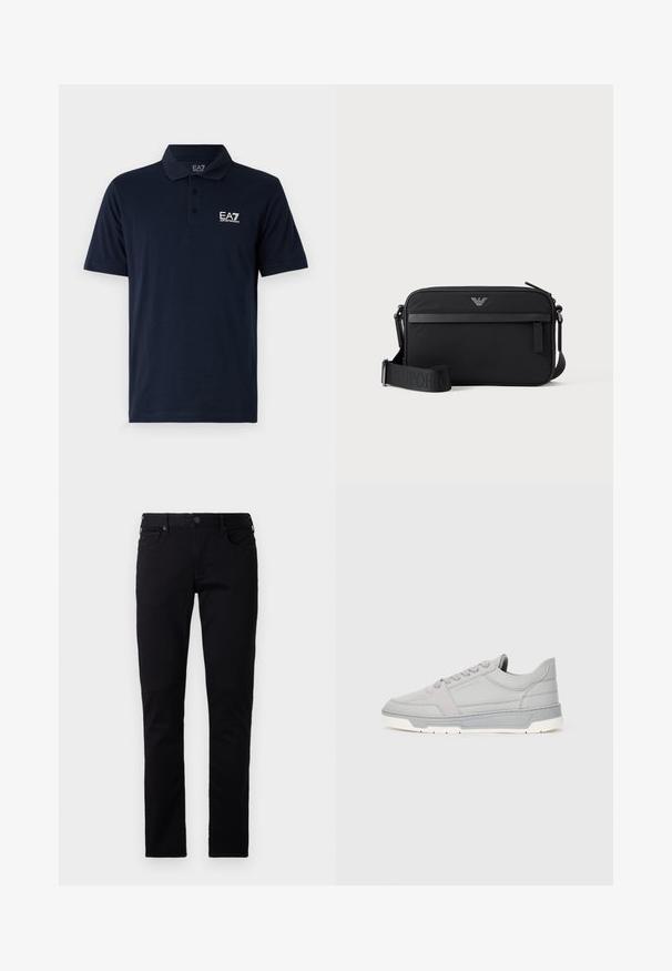 Mørkeblå polo-shirt lavet af bomuld, med krave, korte ærmer og et hvidt EA7-logo på venstre bryst. Klassisk pasform.; Emporio Armani POCKETS PANT - Jeans Slim Fit - black denim; Lysegrå sneakers i glat læder med en subtil struktur. Har runde snørebånd, præget branding og en hvid gummisål.; Sort rektangulær crossbody-taske med lynlåslomme foran, justerbar rem og lille metallogo øverst i midten.