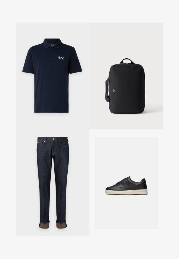 Mørkeblå polo-shirt lavet af bomuld, med krave, korte ærmer og et hvidt EA7-logo på venstre bryst. Klassisk pasform.; Mørkeblå denimjeans med et lige ben design, der har en opsmøget kant og en mærket tan stofaccent på manchetterne.; Sort lavtop lædersneaker med sorte snørebånd og en tyk off-white gummisål, vist på en hvid baggrund.; Sort rektangulær rejsetaske med top- og sidelommer, minimalistisk design og lille logo på fronten mod en ensartet lys baggrund.