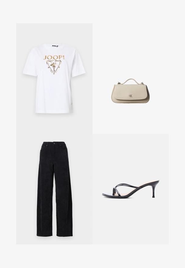 T-shirt en coton blanc avec un logo en sequins dorés et un design floral dans une forme de bouclier sur le devant. Manches courtes et décolleté rond.; Pantalon large en corduroy noir avec taille haute, doté de deux poches avant et d'une texture à côtes verticales subtile.; Sandale à talon en cuir verni noir avec fines lanières croisées et talon aiguille moyen et élancé sur fond blanc.; Petit sac à main en cuir beige avec poignée supérieure et logo CK argenté sur le rabat avant, présenté sur fond blanc.