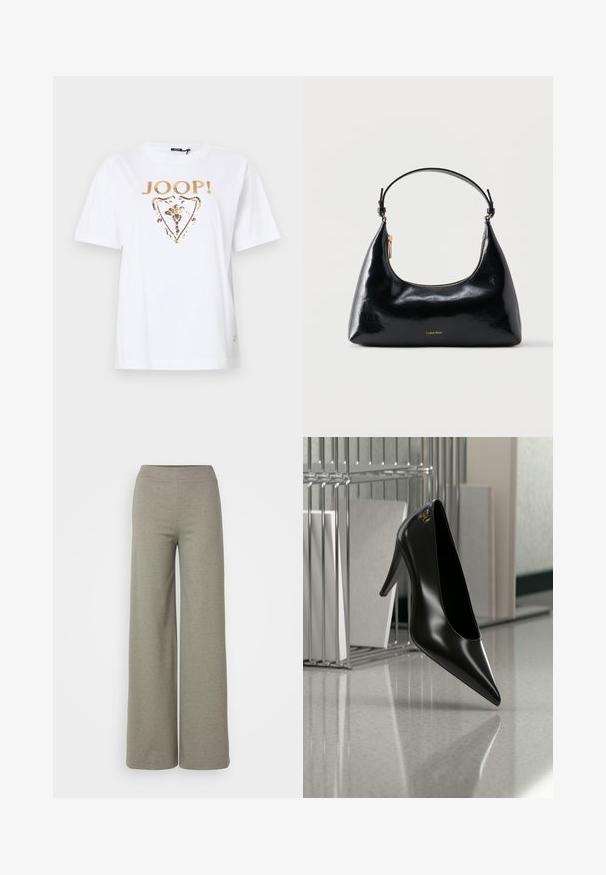 T-shirt en coton blanc avec un logo en sequins dorés et un design floral dans une forme de bouclier sur le devant. Manches courtes et décolleté rond.; Pantalons à larges jambes en matériau gris clair, avec une taille élastique et une texture lisse, sans motifs ni accessoires visibles.; Chaussure noire à talon haut avec bout pointu et logo doré, posée sur une surface réfléchissante près d'un organiseur de dossiers en fil chromé contenant des documents.; Sac à main Calvin Klein noir brillant avec fermeture éclair dorée et anse courte sur fond blanc uni.