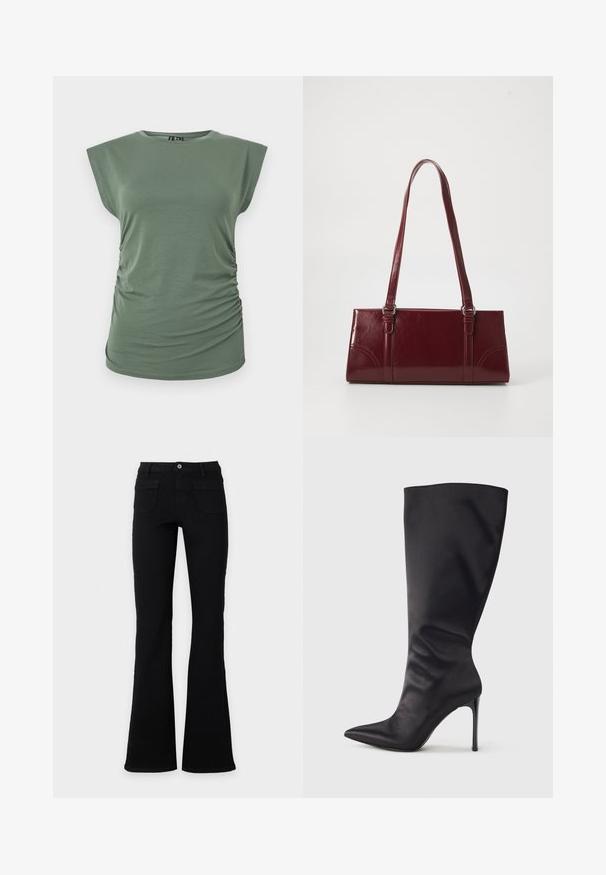 Haut sans manches vert olive pour femme avec côtés froncés, encolure ronde et silhouette légèrement cintrée sur fond blanc.; Jean flare noir taille haute avec poches avant, passants de ceinture et fermeture par bouton, présenté sur un fond blanc uni.; Botte noire haute jusqu'aux genoux en cuir verni lisse et élégant ; bout pointu ; ajustée avec un léger froncé près de la cheville ; talon brillant.; Sac à main bordeaux en matériau brillant, de forme rectangulaire, avec deux anses et des accents légèrement courbés à l'avant.
