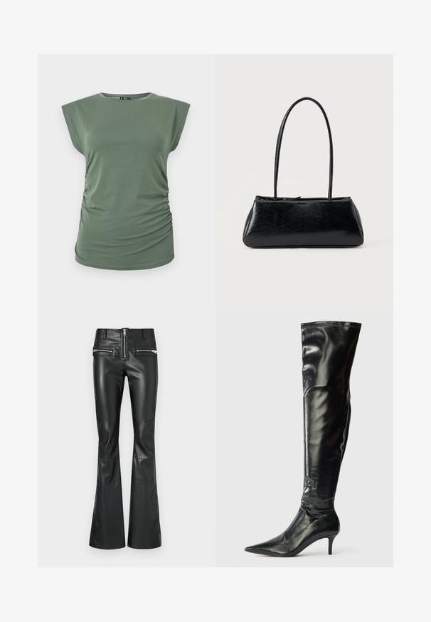 Haut sans manches vert olive pour femme avec côtés froncés, encolure ronde et silhouette légèrement cintrée sur fond blanc.; Pantalon évasé en cuir noir à taille haute, doté de deux poches zippées à l'avant et de panneaux aux genoux pour un design détaillé.; Bottes en cuir noir montantes, avec une finition brillante, un bout pointu et un talon aiguille mince. Présentent un haut ajusté avec des détails de couture.; Sac à épaule rectangulaire noir avec de longues bretelles fines et une texture lisse et brillante sur un fond uni.