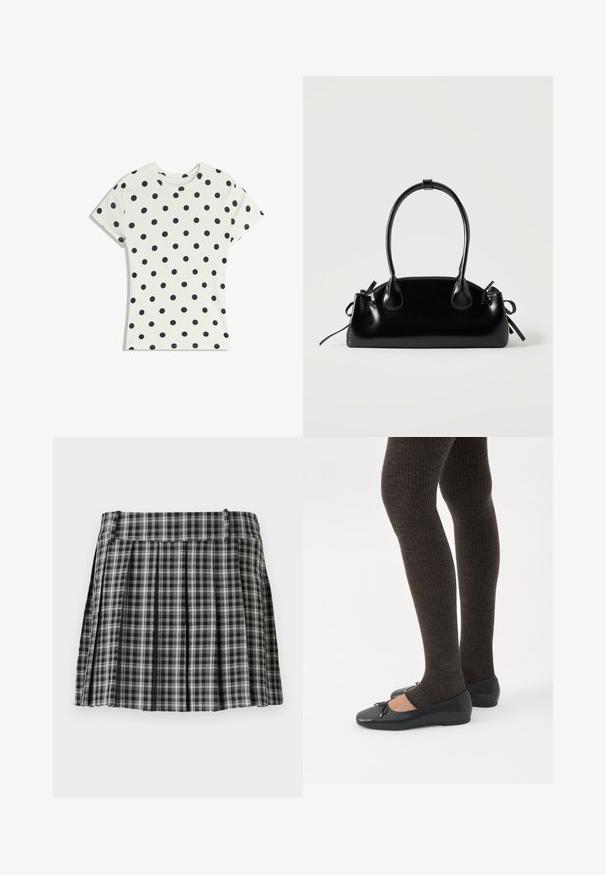 T-shirt blanc à manches courtes avec des pois noirs répartis uniformément sur le tissu, présenté à plat sur un fond blanc.; Jupe plissée à carreaux noir et blanc avec une taille lisse et de multiples plis verticaux. Fabriquée en tissu léger.; Jambes portant des leggings côtelés foncés associés à des ballerines noires avec de petits détails en nœud sur fond blanc.; Petit sac à main noir brillant avec deux longues anses et des détails à cordon sur les côtés sur un fond clair uni.