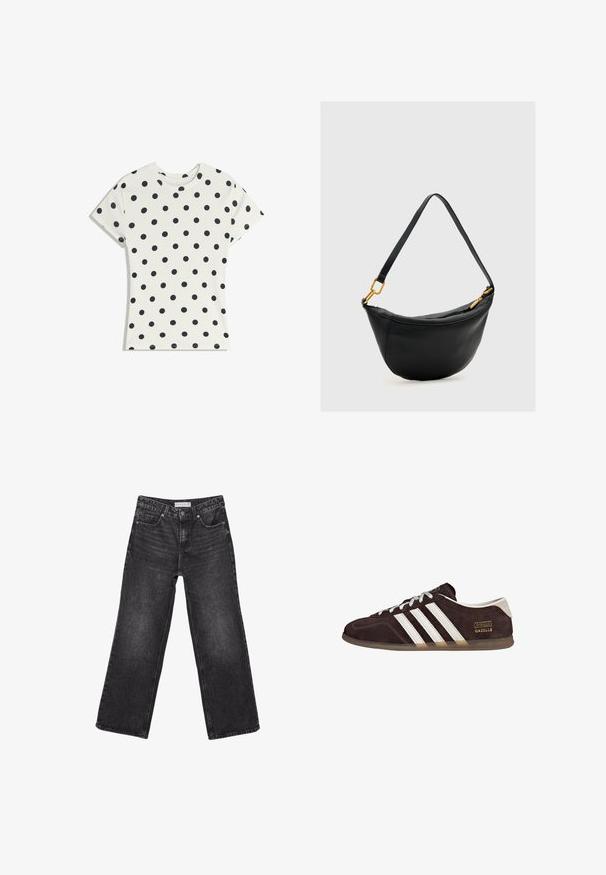 T-shirt blanc à manches courtes avec des pois noirs répartis uniformément sur le tissu, présenté à plat sur un fond blanc.; Jean noir à jambes larges, poches avant et fermeture par bouton, étiquette de taille 38 visible à la ceinture.; Baskets en suède marron avec trois bandes blanches, semelle en caoutchouc, et étiquette avec le texte "Gazelle" en or. Fermeture à lacets avec lacets gris.; Sac à main en cuir noir en forme de croissant avec une bandoulière unique, une fermeture éclair dorée et des détails métalliques sur un fond clair.