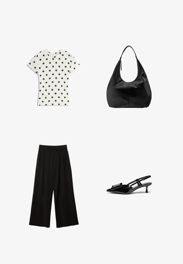 T-shirt blanc à manches courtes avec des pois noirs répartis uniformément sur le tissu, présenté à plat sur un fond blanc.; Pantalon noir à jambes larges, taille haute, plis devant, passants pour ceinture et coupe décontractée.; Talons aiguilles en cuir verni noir avec un bout pointu, un détail en nœud à l'avant et un petit talon stiletto. Les brides sont équipées de boucles ajustables.; Sac à main hobo décontracté en cuir noir avec une seule bandoulière large et un détail de tirette de fermeture éclair sur fond blanc uni.