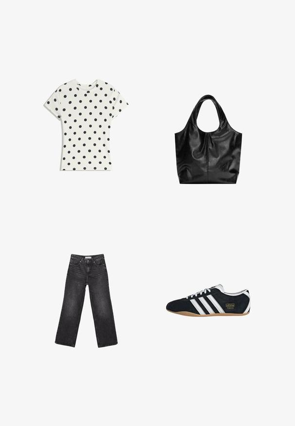 T-shirt blanc à manches courtes avec des pois noirs répartis uniformément sur le tissu, présenté à plat sur un fond blanc.; Jean noir à jambes larges avec poches avant et arrière, fermeture par bouton et passants de ceinture, posé à plat sur fond blanc.; Sneakers en suede noir avec trois bandes blanches, logo doré et semelle en caoutchouc marron. Présente un design à lacets à profil bas.; Sac fourre-tout en cuir noir avec une texture lisse, un haut arrondi doux et de larges poignées. Présente une couture minimale et une silhouette décontractée.