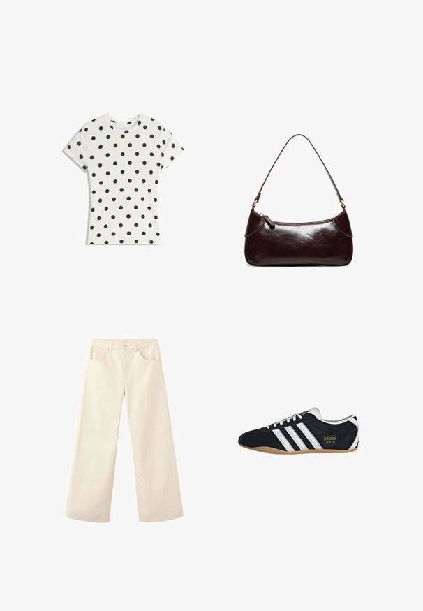 T-shirt blanc à manches courtes avec des pois noirs répartis uniformément sur le tissu, présenté à plat sur un fond blanc.; Pantalon crème à jambes larges et taille haute avec poches avant, passants pour ceinture et fermeture par bouton, présenté sur fond blanc.; Sneakers en suede noir avec trois bandes blanches, logo doré et semelle en caoutchouc marron. Présente un design à lacets à profil bas.; Sac à bandoulière en cuir marron foncé avec une seule sangle et une fermeture éclair, forme rectangulaire avec des bords arrondis sur fond blanc.