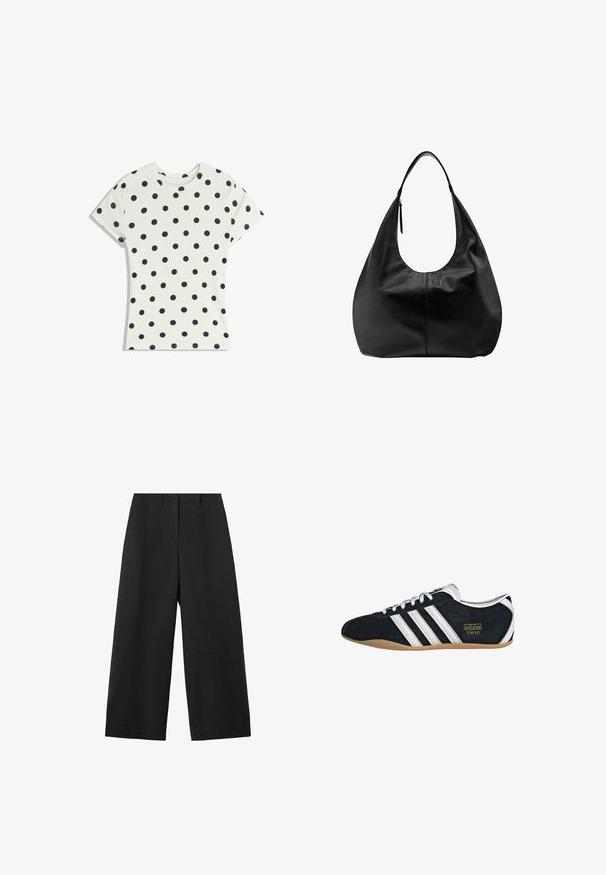 T-shirt blanc à manches courtes avec des pois noirs répartis uniformément sur le tissu, présenté à plat sur un fond blanc.; Pantalon noir à jambes larges avec passants pour ceinture, poches avant et une couture descendant le long de chaque jambe.; Sneakers en suede noir avec trois bandes blanches, logo doré et semelle en caoutchouc marron. Présente un design à lacets à profil bas.; Sac à main hobo décontracté en cuir noir avec une seule bandoulière large et un détail de tirette de fermeture éclair sur fond blanc uni.