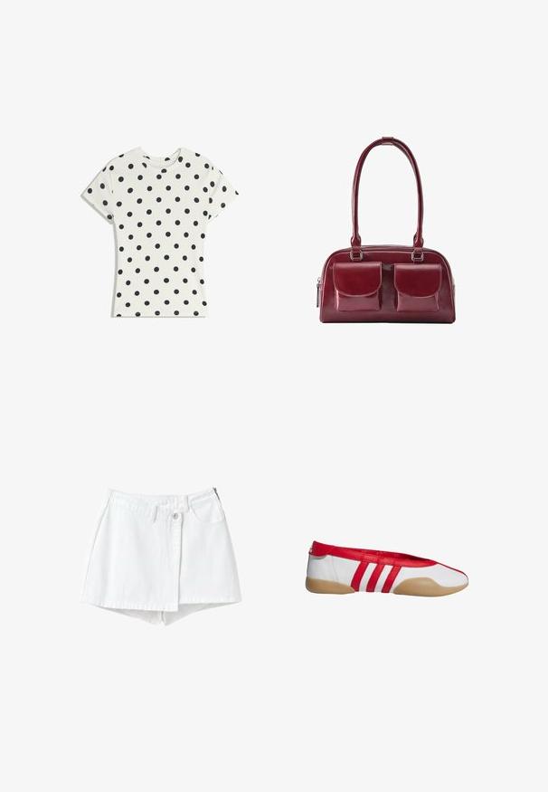 T-shirt blanc à manches courtes avec des pois noirs répartis uniformément sur le tissu, présenté à plat sur un fond blanc.; Skort en denim blanc avec passants de ceinture, bouton devant, fermeture éclair et deux poches avant sur un fond blanc uni.; Chaussure plate rouge et blanche avec un bout arrondi, fabriquée en matériau synthétique lisse. Dotée de trois bandes rouges et d'une semelle en caoutchouc couleur tan.; Sac à main en cuir rouge foncé avec deux poches avant à rabat et longues bandoulières, présenté sur fond blanc.