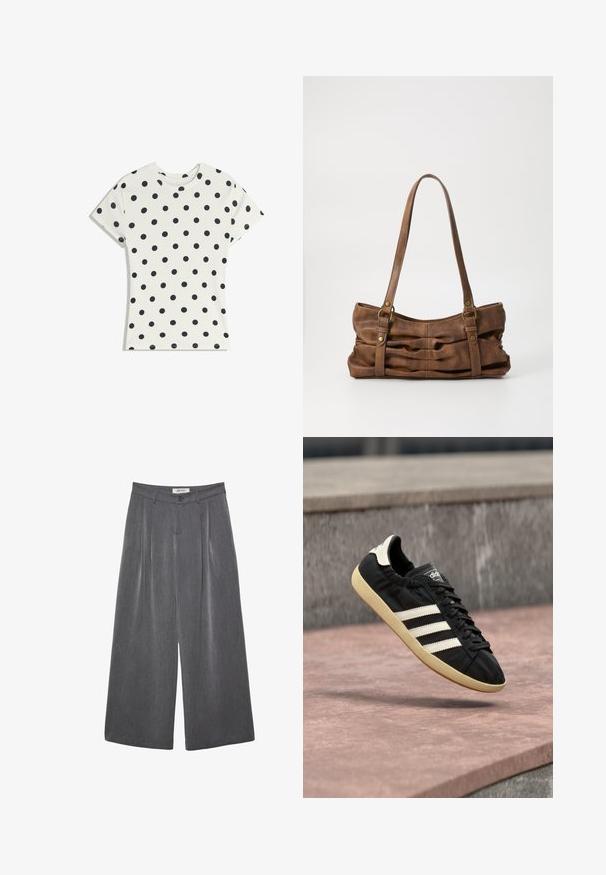 T-shirt blanc à manches courtes avec des pois noirs répartis uniformément sur le tissu, présenté à plat sur un fond blanc.; Pantalon gris à jambes larges avec plis, confectionné dans un tissu doux. Dispose d'une fermeture à boutons et d'une taille cintrée.; Baskets Adidas noires avec des bandes blanches et une semelle beige, capturées en plein air au-dessus d'une surface en pierre et d'un mur en pierre en arrière-plan.; Even&Odd by Zalando Sac à main - brown