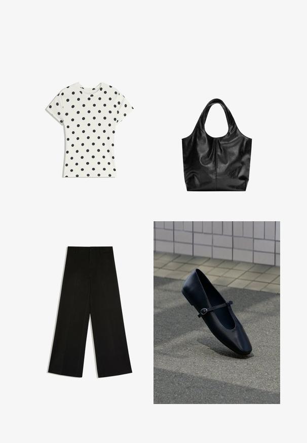 T-shirt blanc à manches courtes avec des pois noirs répartis uniformément sur le tissu, présenté à plat sur un fond blanc.; Pantalon noir à jambes larges avec passants de ceinture, fermeture devant par bouton et zip, posé à plat sur fond blanc.; Chaussure plate Mary Jane en cuir noir avec une petite bride à boucle, posée sur une surface en asphalte gris près d'un mur carrelé.; Sac fourre-tout en cuir noir avec une texture lisse, un haut arrondi doux et de larges poignées. Présente une couture minimale et une silhouette décontractée.