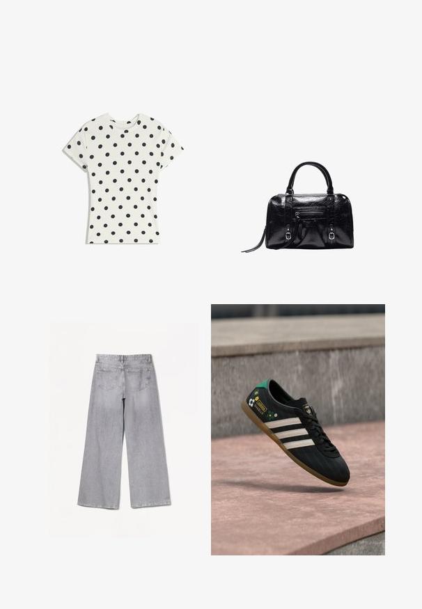 T-shirt blanc à manches courtes avec des pois noirs répartis uniformément sur le tissu, présenté à plat sur un fond blanc.; Jean large gris à taille haute, avec une texture lisse, deux poches arrière et des détails de couture subtils.; Chaussure de sport noire avec des rayures blanches, tige à motif avec des accents floraux et un talon vert. Semelle en caoutchouc offrant une bonne adhérence.; Sac à main en cuir noir brillant avec deux poignées, poche zippée à l'avant, détails avec boucle et bandoulière pour poignet sur fond blanc.
