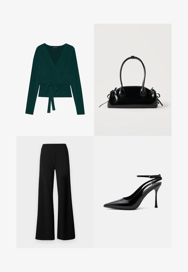 Haut en tissu vert foncé avec de longues manches, présentant un décolleté en V et un lien ajustable à la taille pour un look ajusté. Texture douce.; Pantalons larges noirs en tissu doux et extensible. Dotés d'une taille élastique lisse et d'un design épuré, sans embellissement.; Escarpin slingback en cuir verni noir à talon haut, bout pointu et doubles brides de cheville avec boucles argentées.; Petit sac à main noir brillant avec deux longues anses et des détails à cordon sur les côtés sur un fond clair uni.