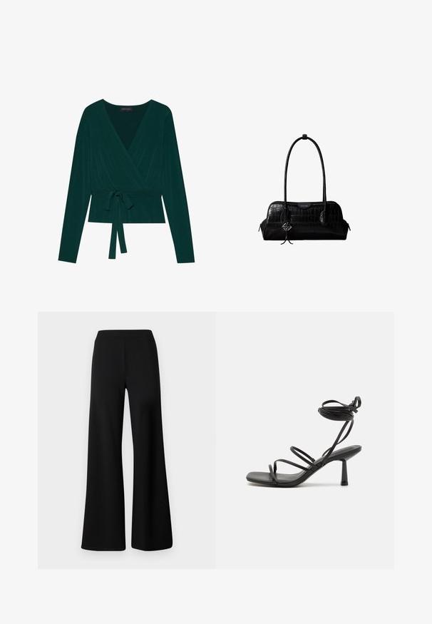Blusa de color verde oscuro con mangas largas, con un escote en V y cinturón ajustable en la cintura para un ajuste ceñido. Textura suave.; Pantalones de pierna ancha negros, confeccionados en una tela suave y elástica. Cuentan con una cintura elástica lisa y un diseño limpio y sin adornos.; Sandalia negra de tiras con punta cuadrada, lazos ajustables en el tobillo y un tacón bloque delgado. Fabricada con un material suave y duradero.; Bolso de hombro negro de cuero con textura de cocodrilo, con correas largas y un pequeño colgante de logo plateado en una correa.