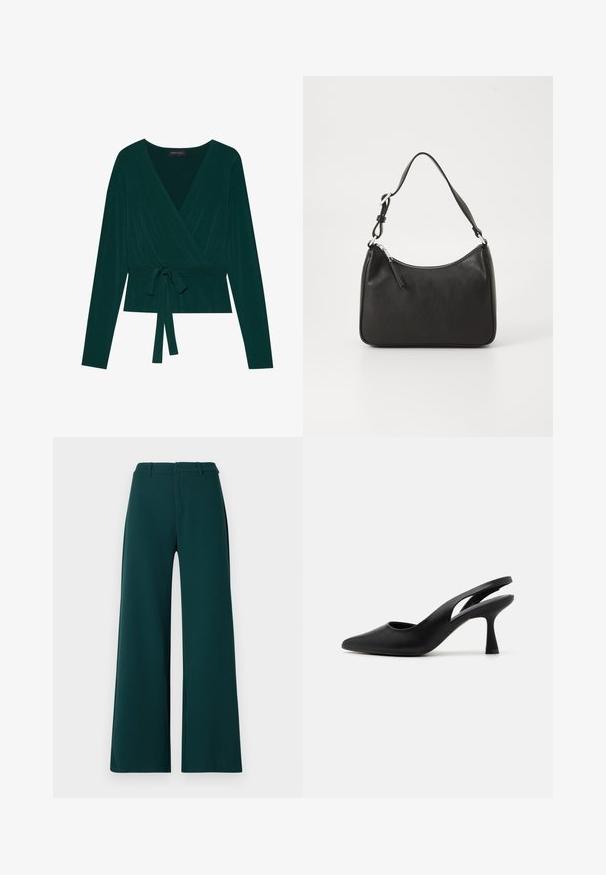 Blusa de color verde oscuro con mangas largas, con un escote en V y cinturón ajustable en la cintura para un ajuste ceñido. Textura suave.; Pantalones de pierna amplia en tela de color verde oscuro. Presentan una cintura alta, pliegues frontales y trabillas para el cinturón. Textura suave y diseño a medida.; Tacones negros tipo slingback con punta afilada, fabricados en cuero suave. Presentan un diseño recortado y un tacón robusto y afilado.; Bolso de mano de cuero negro con forma curvada, una sola correa, cierre de cremallera y marcas sutiles en la parte frontal. Textura suave, diseño minimalista.