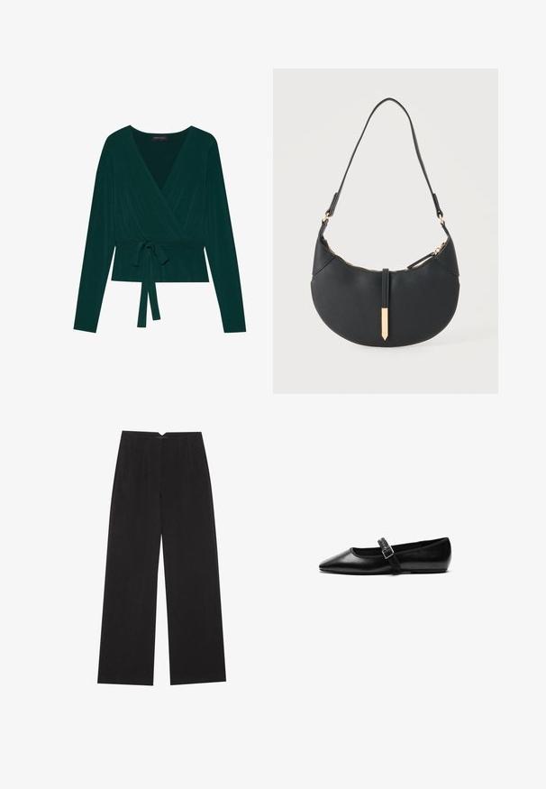 Top in donkergroene stof met lange mouwen, voorzien van een V-hals en een verstelbare strik in de taille voor een figuuraccentuerende look. Zachte textuur.; Anna Field Broek - black; Zwarte platte schoen van leer met een spitse neus, verstelbare band met een metalen gesp, een gladde textuur en een minimalistisch ontwerp.; Zwarte handtas in halve maanvorm met een enkele band, gouden rits en een gouden rechthoekige decoratieve tab aan de voorkant.