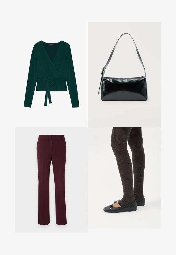 Blusa de color verde oscuro con mangas largas, con un escote en V y cinturón ajustable en la cintura para un ajuste ceñido. Textura suave.; Pantalones de corte burdeos con una textura suave, diseño de pierna recta y cinturilla de altura media. Sin bolsillos visibles ni adornos.; Piernas con leggings oscuros acanalados combinados con bailarinas negras que presentan pequeños detalles de lazo sobre un fondo blanco.; Bolso de hombro rectangular negro con una correa ajustable y un cierre de cremallera superior sobre un fondo liso.